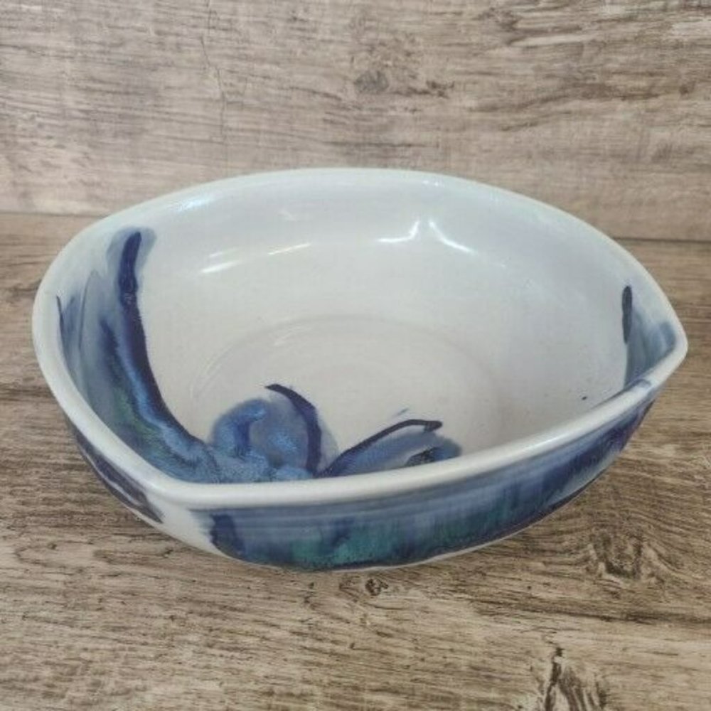 Studio Hand Made Artisan Signed Pottery Rounded Square Bowl Blue Butterfly Glaze - Picture 2 of 12